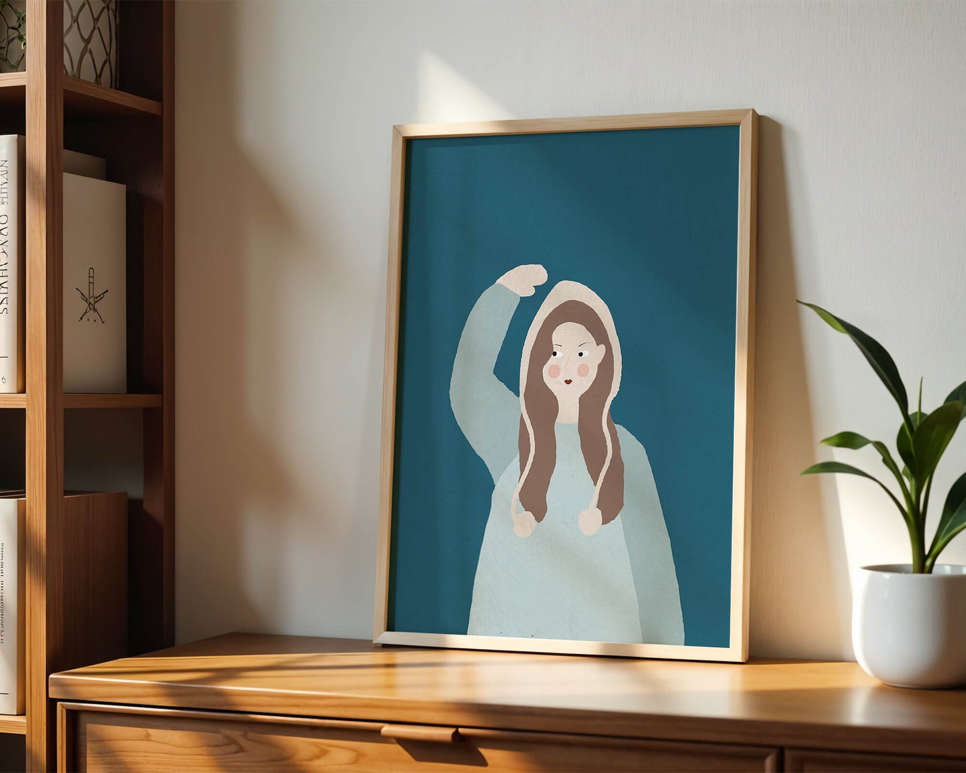 Illustrated girl with hoodie on teal background