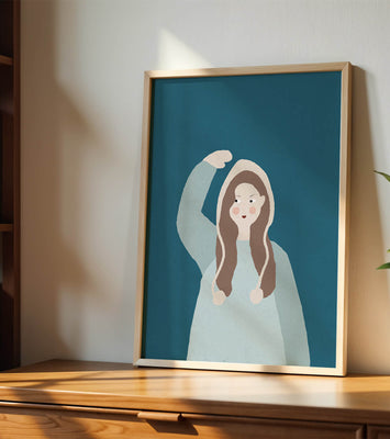 Illustrated girl with hoodie on teal background