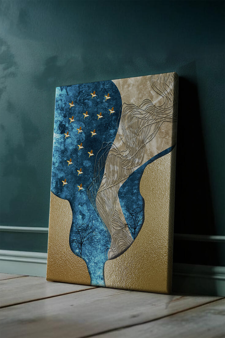 Abstract Textured Landscape with Gold and Blue Elements