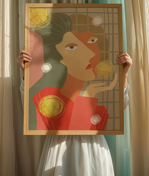 Abstract portrait artwork with geometric forms and gold accents