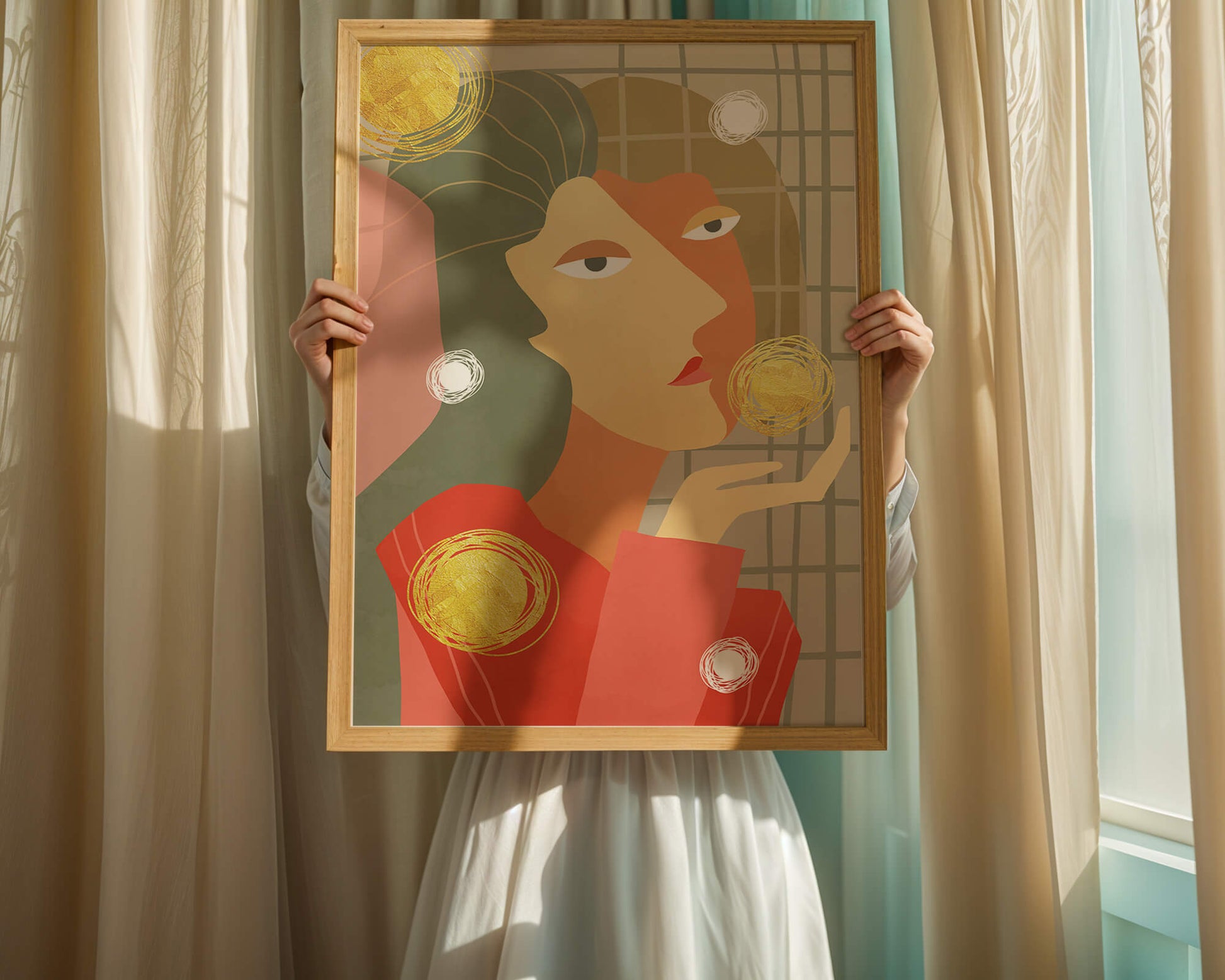 Abstract portrait artwork with geometric forms and gold accents