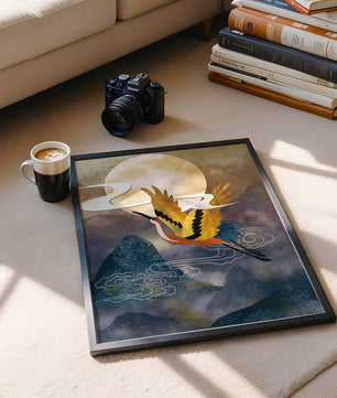 Majestic Gold-Crimson Crane Flying Over Misty Mountains in Moonlight