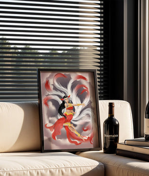 Graceful fantasy fox spirit with flowing tails and red attire in mystical clouds