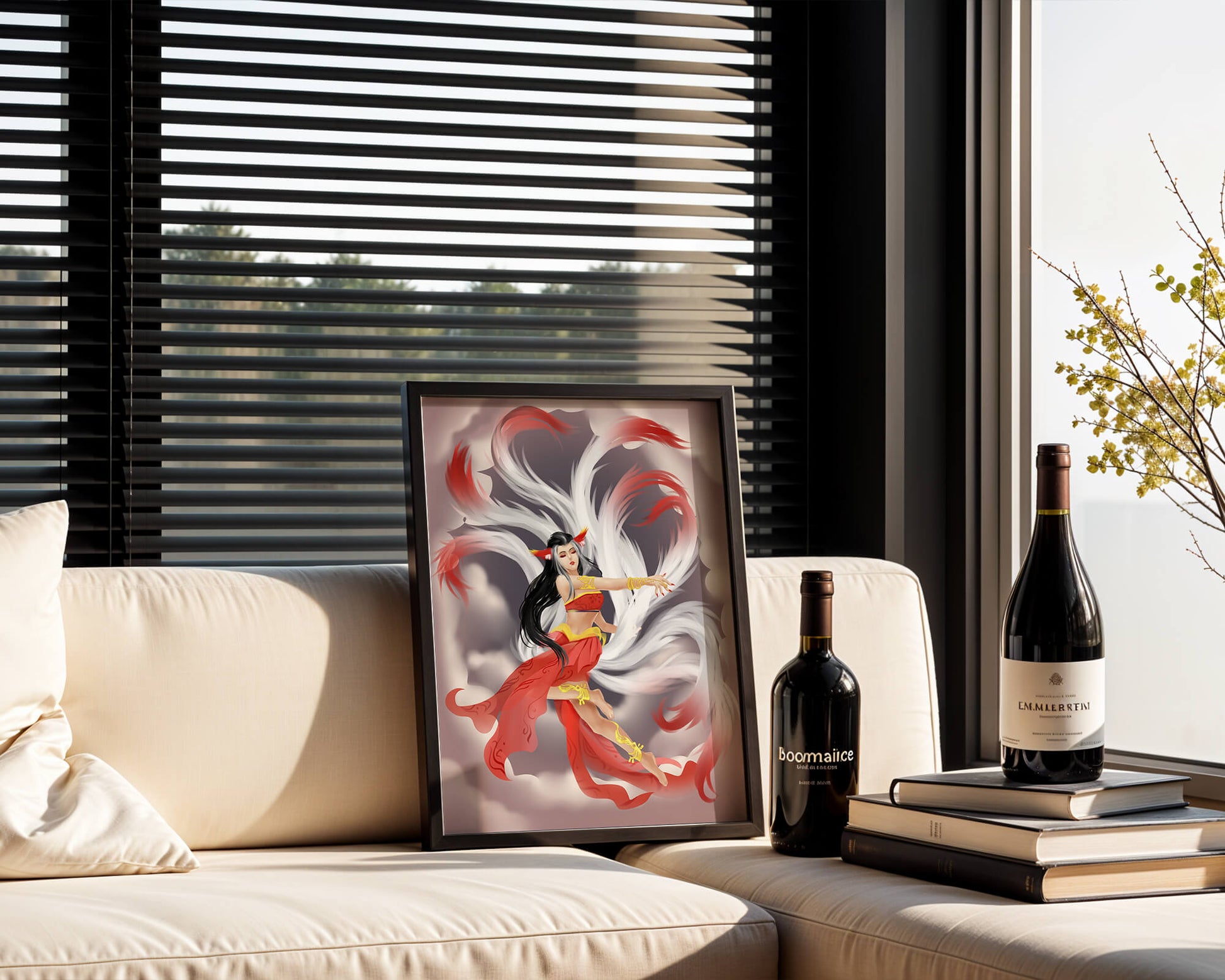 Graceful fantasy fox spirit with flowing tails and red attire in mystical clouds