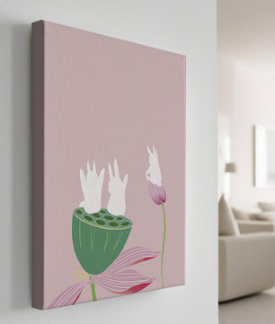 Whimsical Rabbits on Lotus with Pink Background