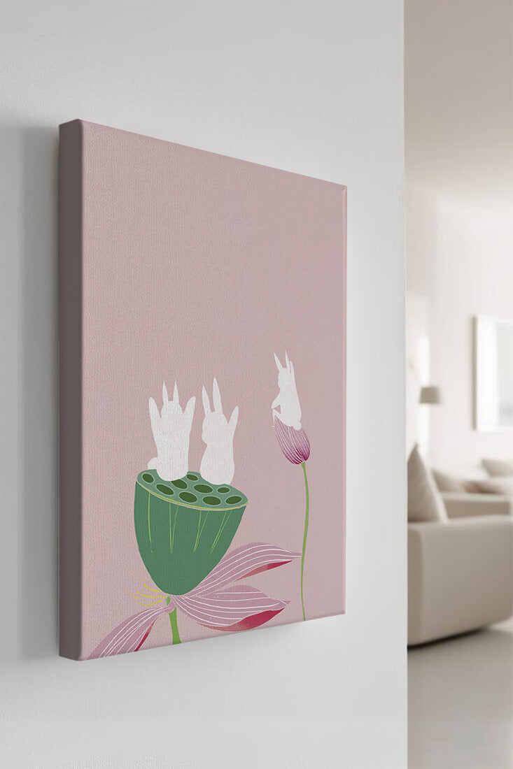Whimsical Rabbits on Lotus with Pink Background