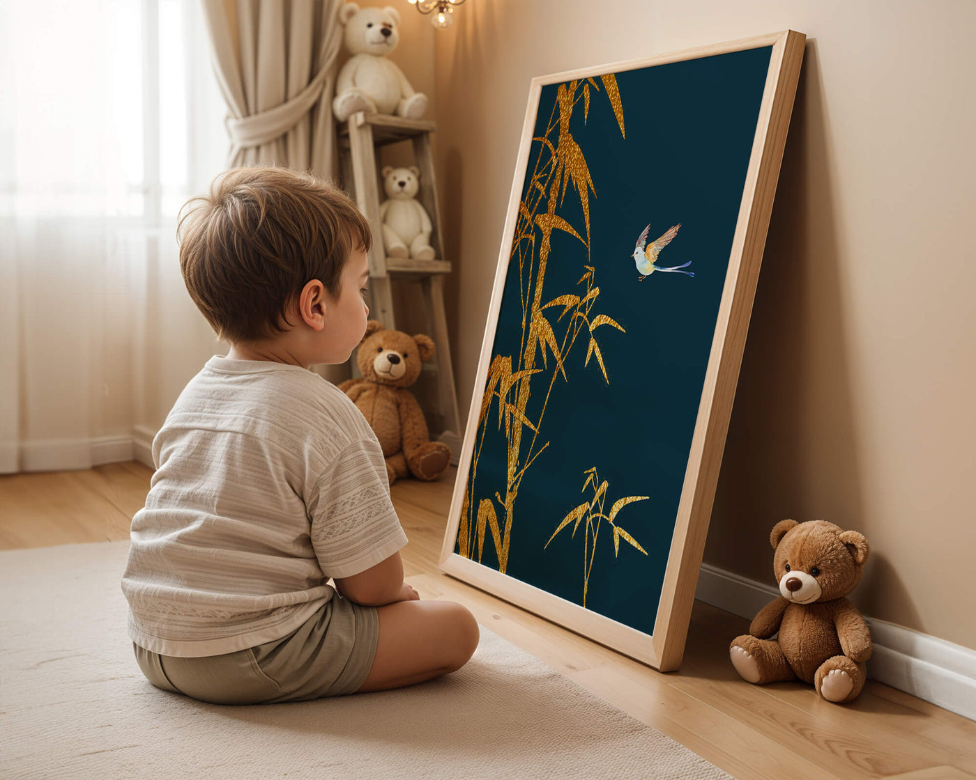 Golden bamboo and bird against a deep blue background