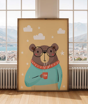 Illustration of a bear with glasses holding a tea cup against a starry background