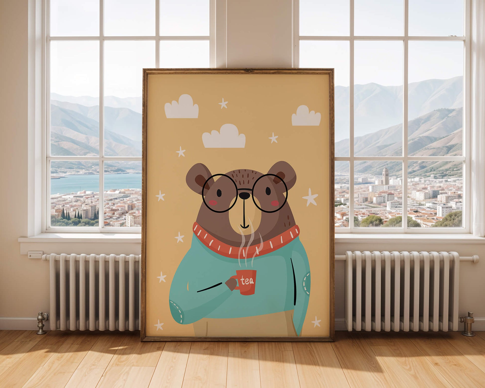 Illustration of a bear with glasses holding a tea cup against a starry background