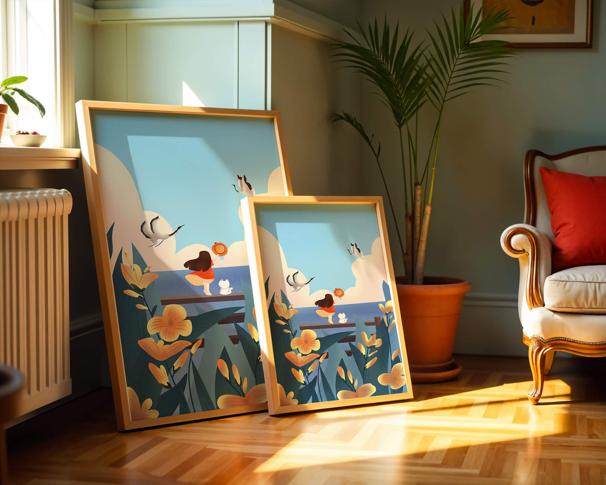 Serene seaside scene with girl, cat, and birds in nature