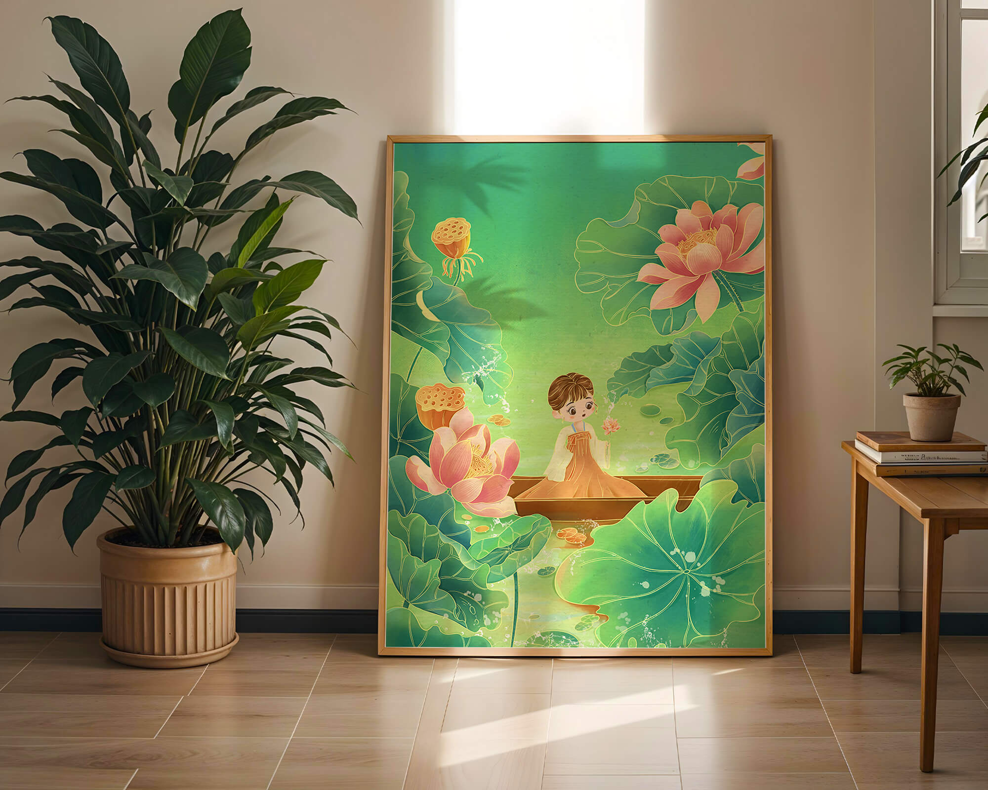 Serene illustration with girl among lotus flowers and green leaves