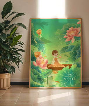 Serene illustration with girl among lotus flowers and green leaves