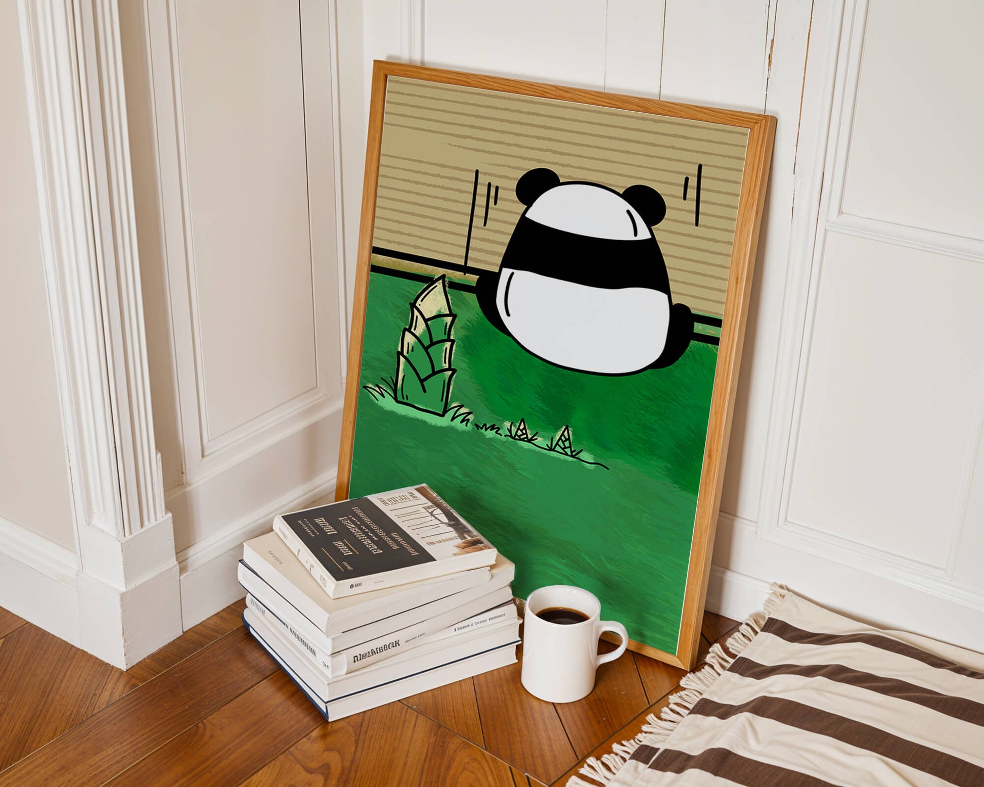 Whimsical panda in a green bamboo forest background