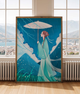 Porträt einer Frau mit Regenschirm in einer verregneten Berglandschaft
