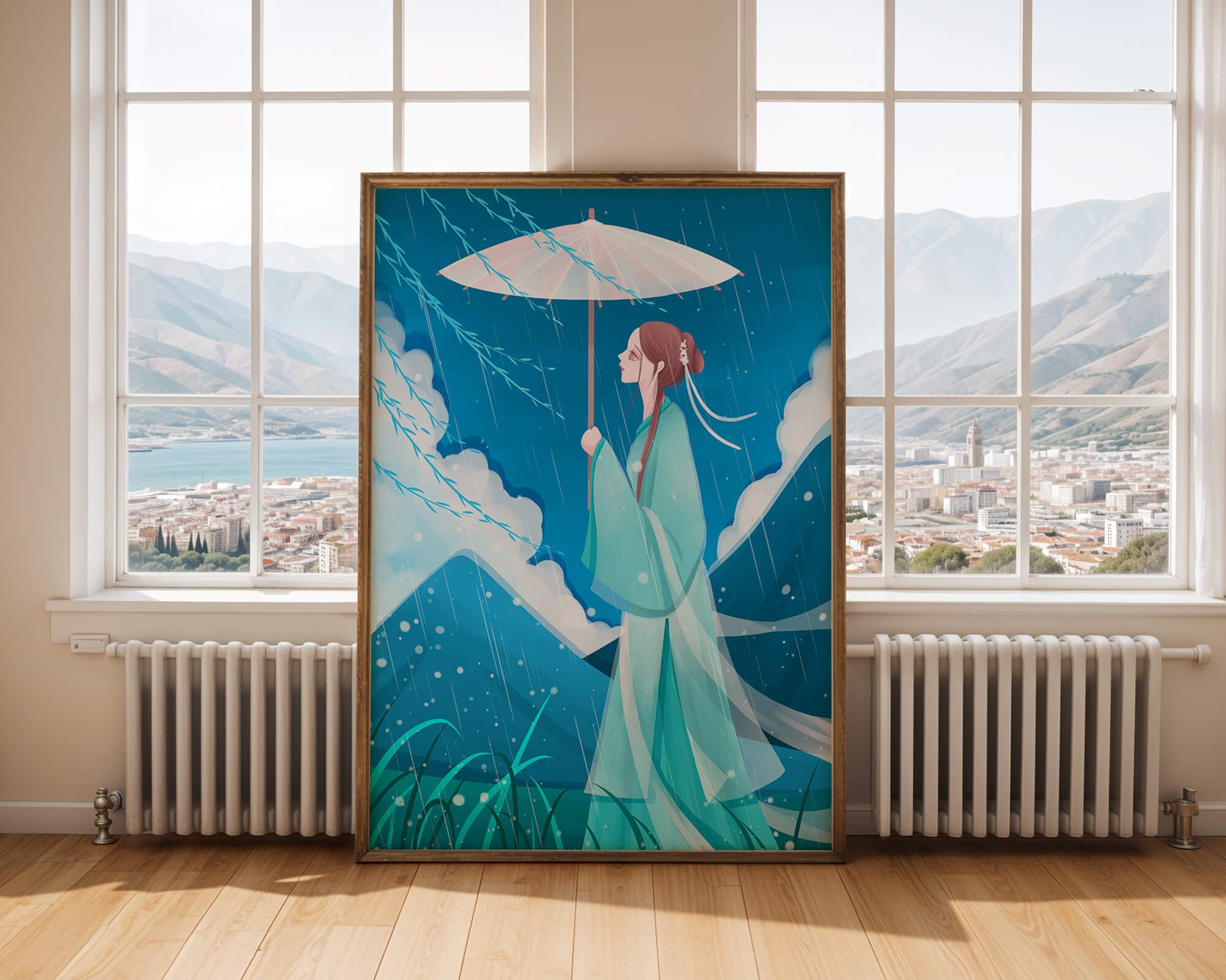 Porträt einer Frau mit Regenschirm in einer verregneten Berglandschaft