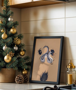 Illustration of a mystical dragon with fluid form on a beige background