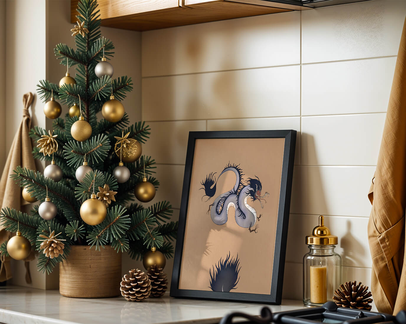 Illustration of a mystical dragon with fluid form on a beige background