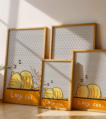 Sleeping cartoon cat with polka dot background