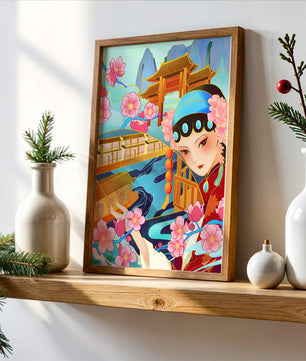 Traditional Asian art with cherry blossoms and architecture