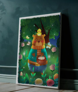 Charming bear in a colorful garden with flowers and fireflies