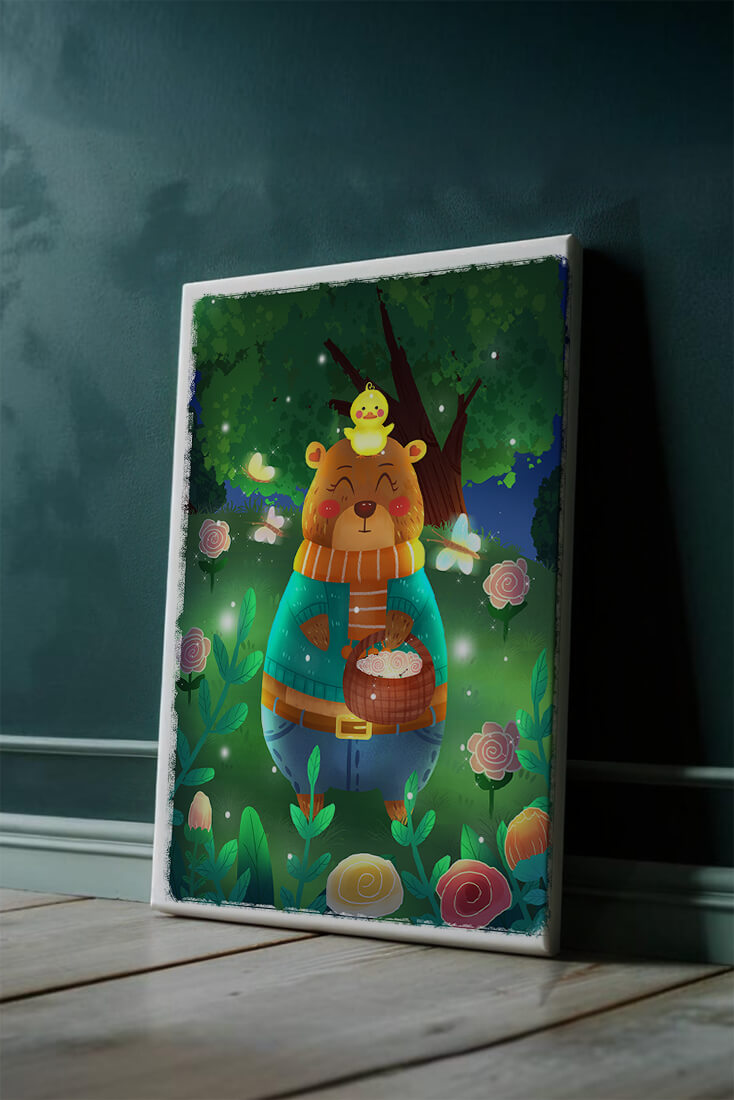 Charming bear in a colorful garden with flowers and fireflies