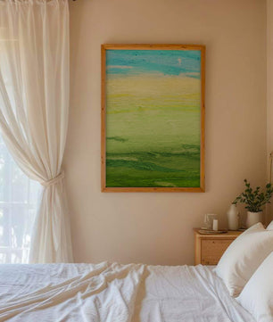 Paisaje abstracto con cielo azul y campos verdes