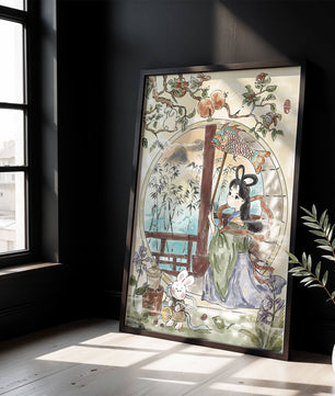 Peaceful Garden Scene with Girl and Rabbit