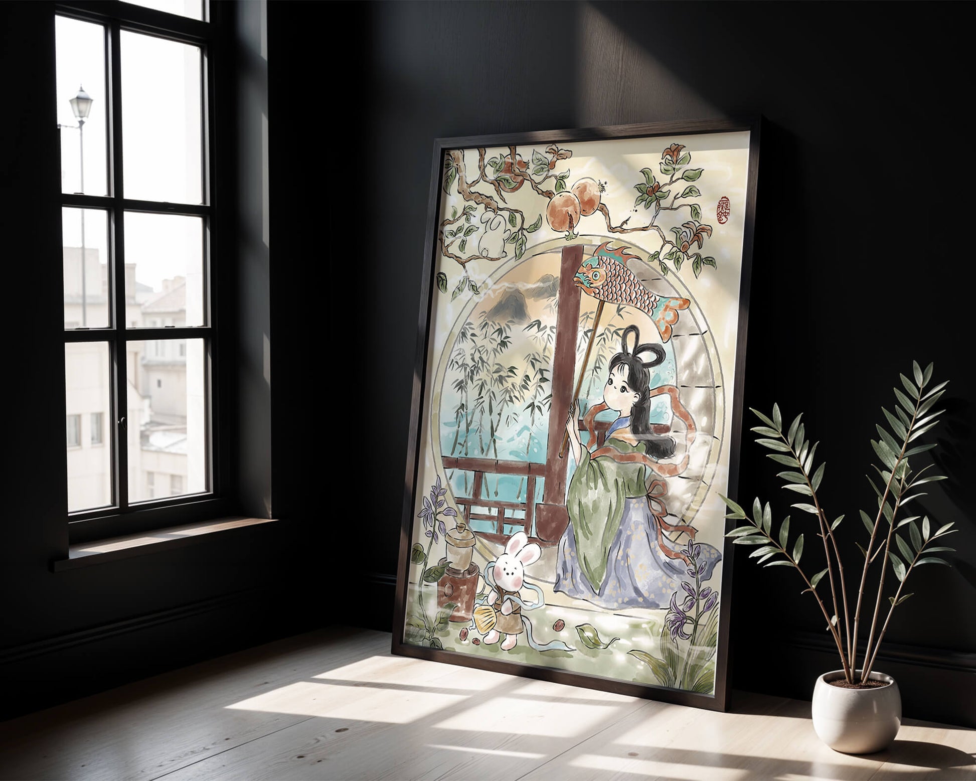 Escena de jardín tranquilo con una niña y un conejo