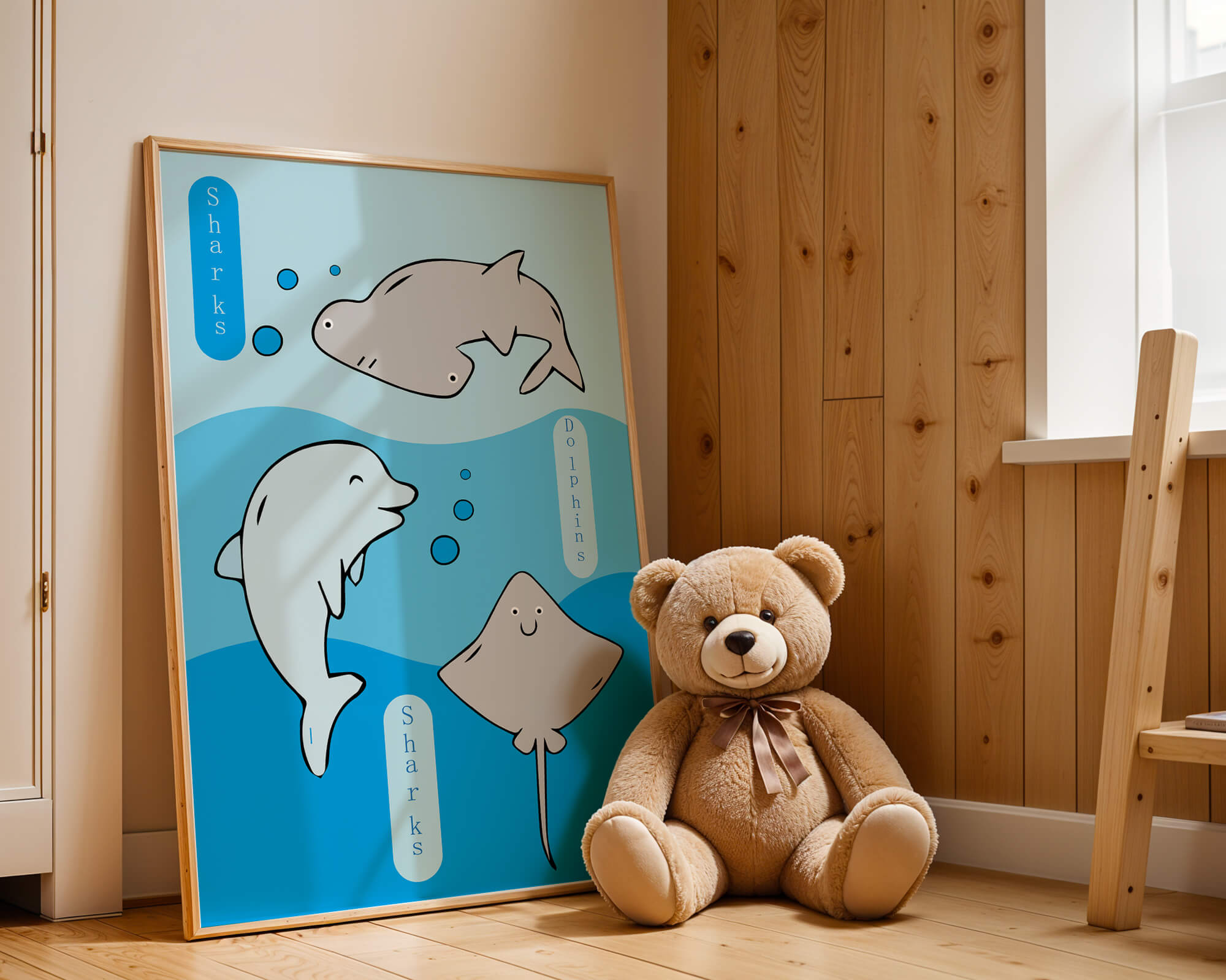 Cartoon sea animals illustration with shark, dolphin, and stingray