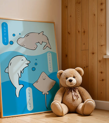 Cartoon sea animals illustration with shark, dolphin, and stingray