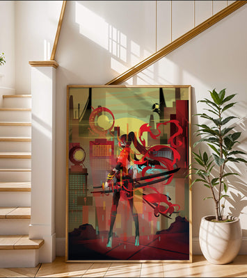 Futuristic warrior in a cyberpunk cityscape with swords and red accents