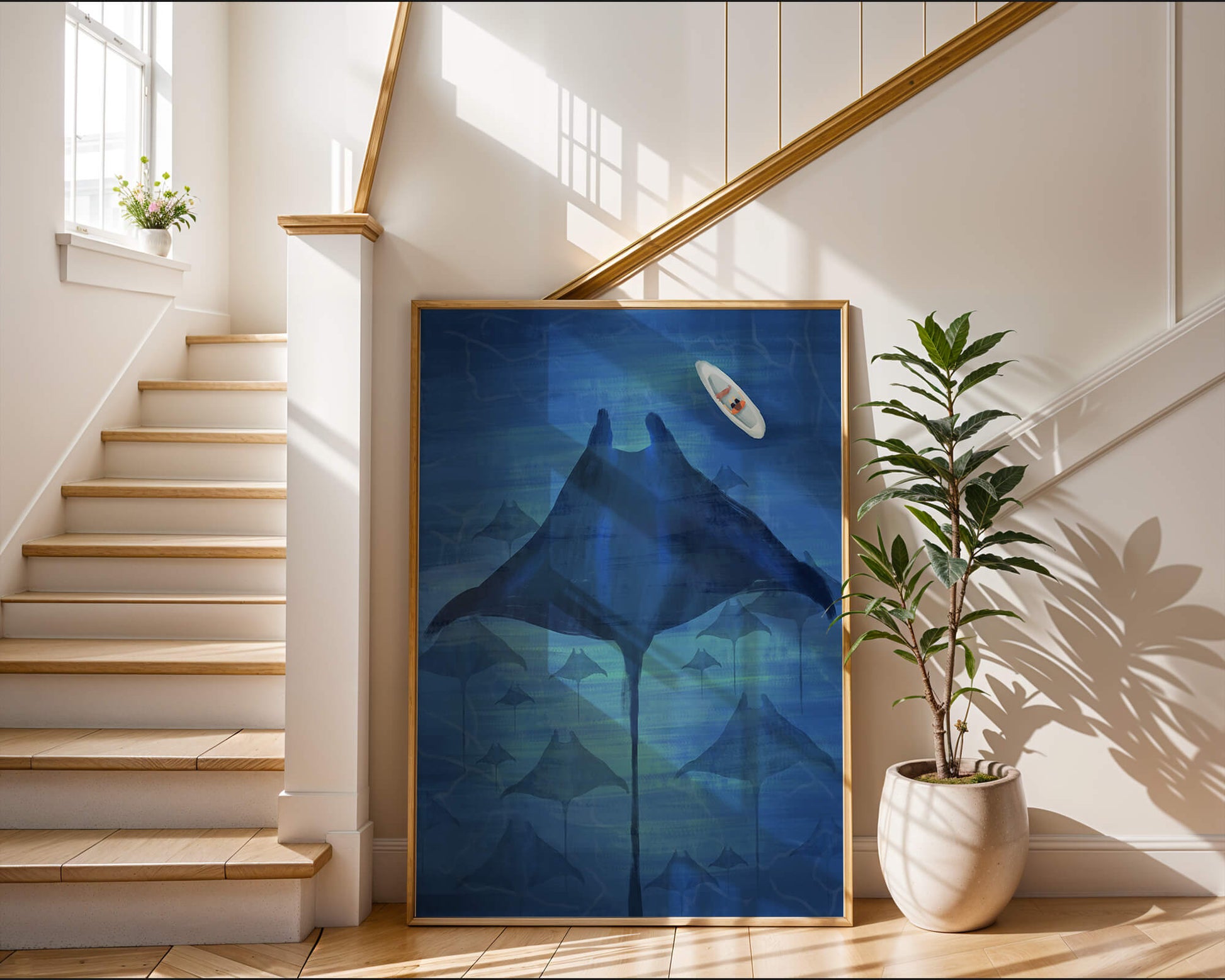 Serene underwater scene with manta rays and a lone kayak