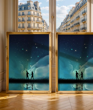 Pareja romántica paseando bajo la noche estrellada con reflejos celestiales