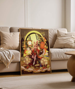 Festive celebration with a lantern-carrying character amidst fireworks and moonlight