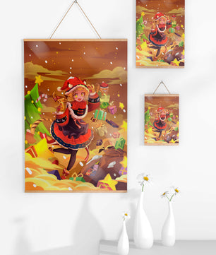 Festive anime character surrounded by gifts and holiday decor