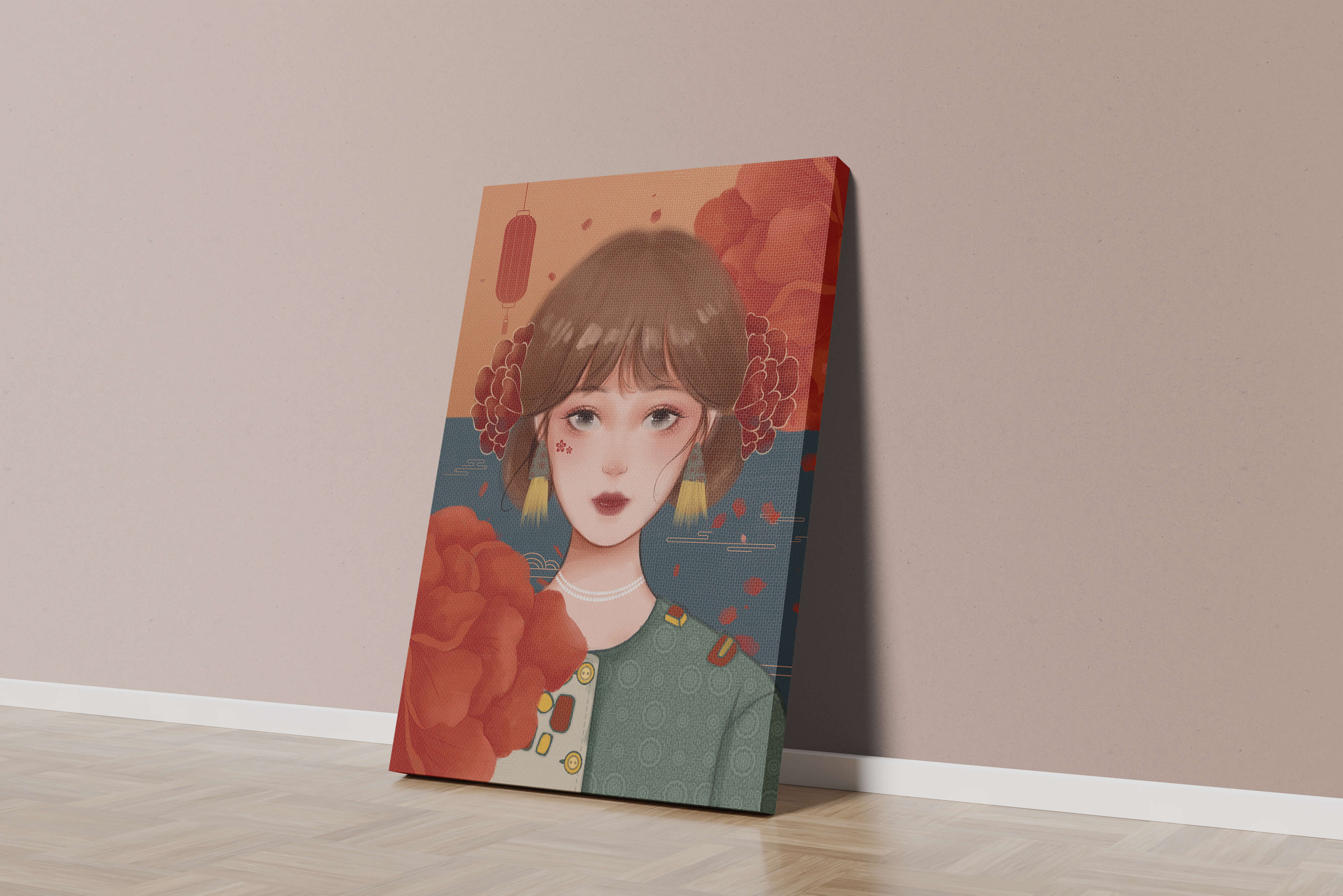 Illustration of a woman adorned with floral elements and traditional accessories