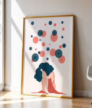 Abstract Illustration of a Woman with Curly Blue Hair Surrounded by Colorful Circles - Mi tienda