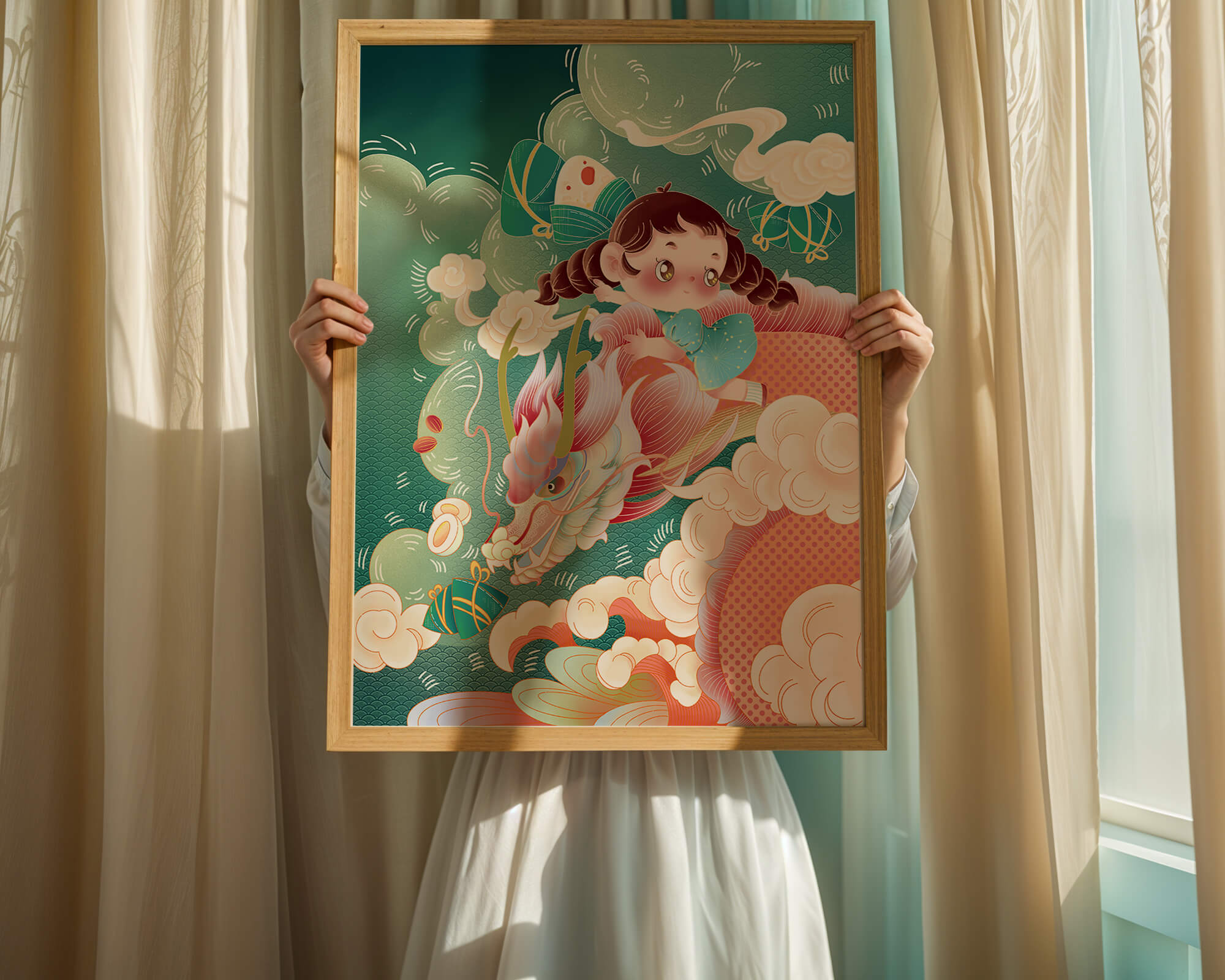 Whimsical scene of a girl riding a dragon through clouds