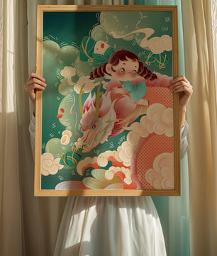 Whimsical scene of a girl riding a dragon through clouds
