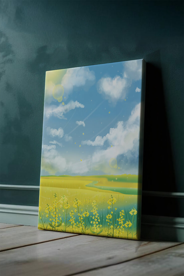 Sunny Meadow with Yellow Flowers and Blue Sky Scenic Art