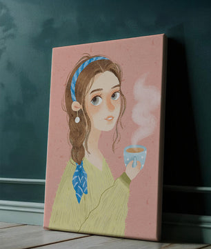 Illustration d'une fille avec un bandeau tenant une tasse fumante