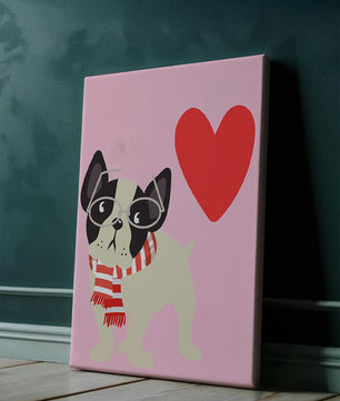Ilustración juguetona de un bulldog francés con gafas y bufanda sobre fondo rosa con corazón