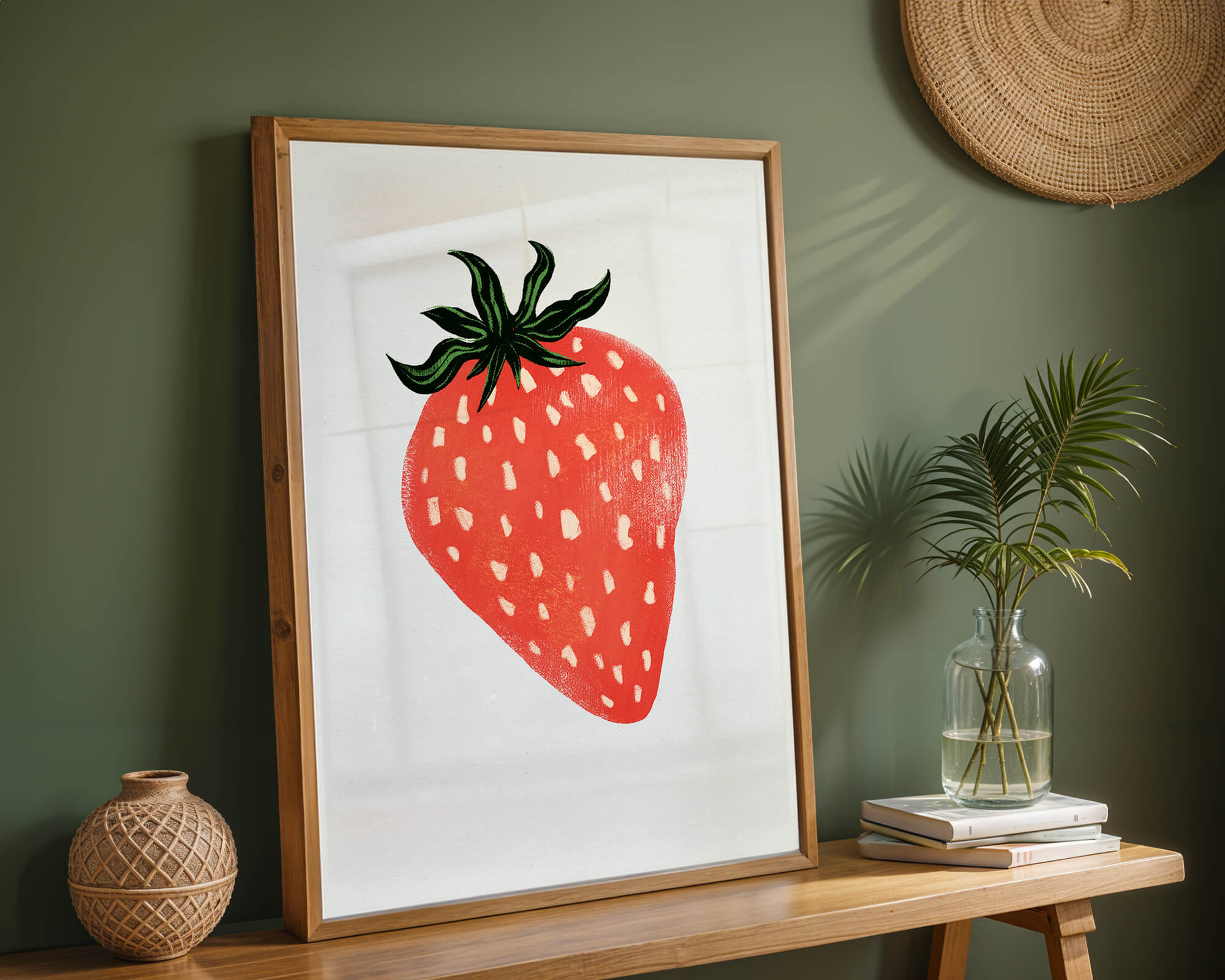 Illustrative design of a vibrant red strawberry with green leaves