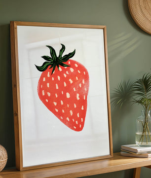 Illustrative design of a vibrant red strawberry with green leaves