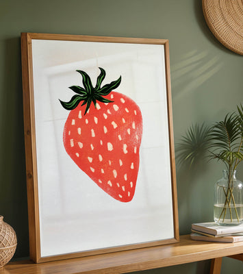 Illustrative design of a vibrant red strawberry with green leaves