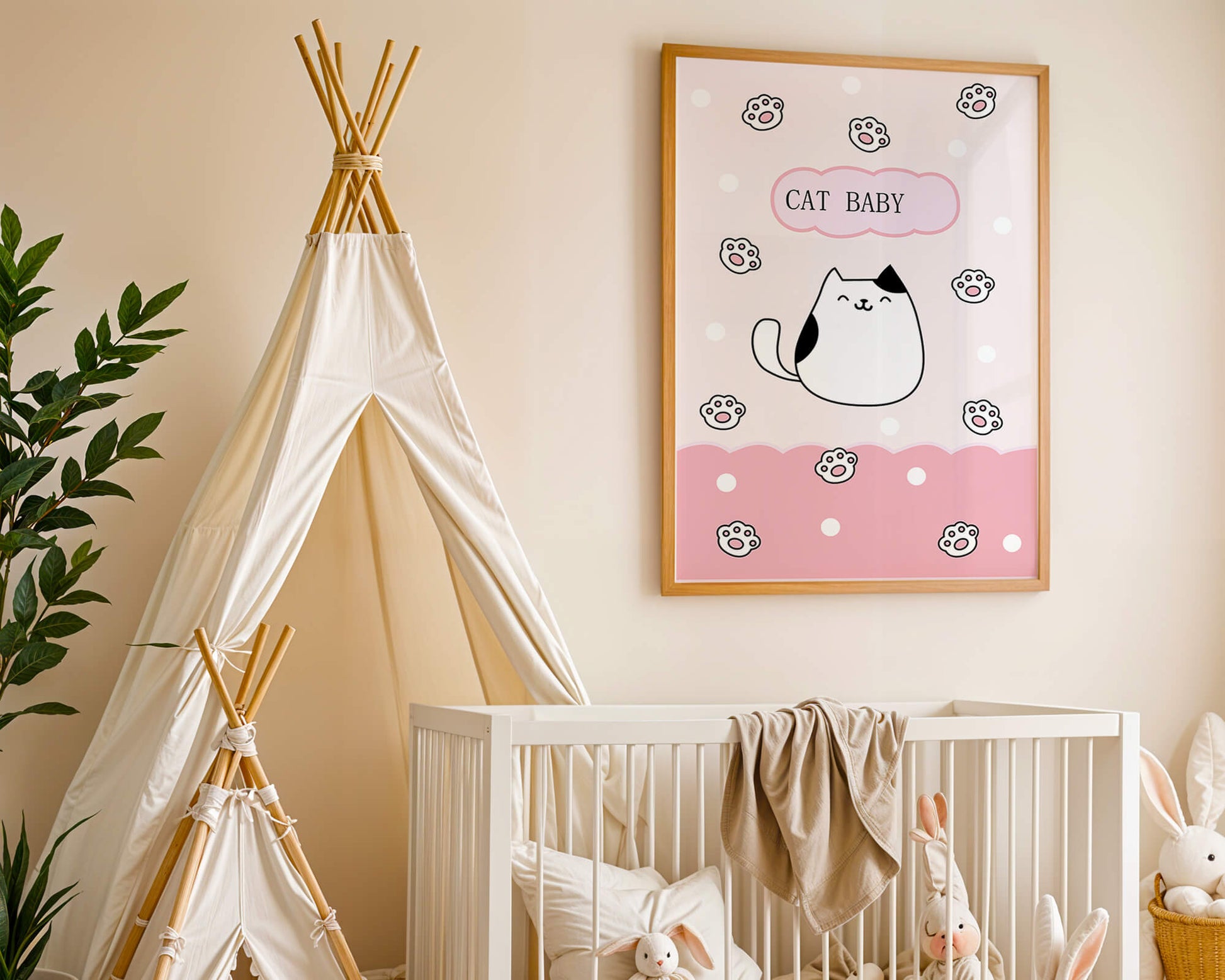 Adorable cat baby illustration with cute paw prints and polka dots