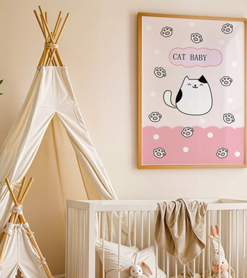 Adorable cat baby illustration with cute paw prints and polka dots