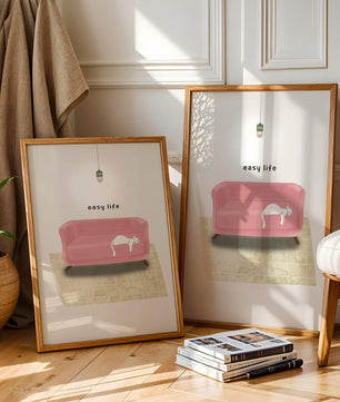 Minimalist Interior with Pink Sofa and Relaxed White Cat