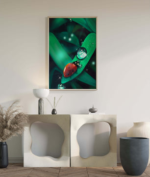 Ladybug on a Leaf with Dew Drops in a Vibrant Nature Scene - Mi tienda