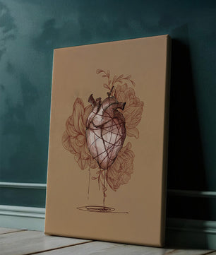 Ilustración detallada de un corazón anatómico con elementos florales sobre fondo beige